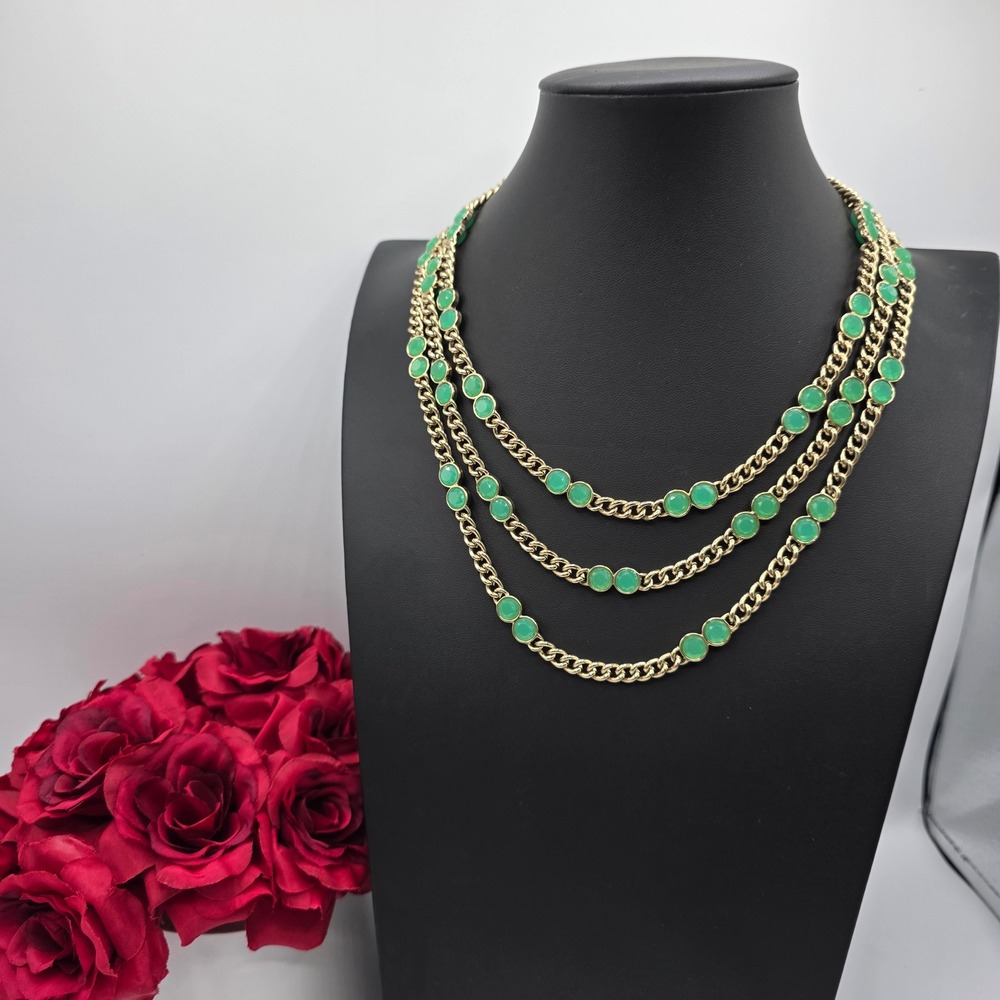 Banana Republic Gold Tone Triple Strand Green Cabochon Curb Chain Necklace